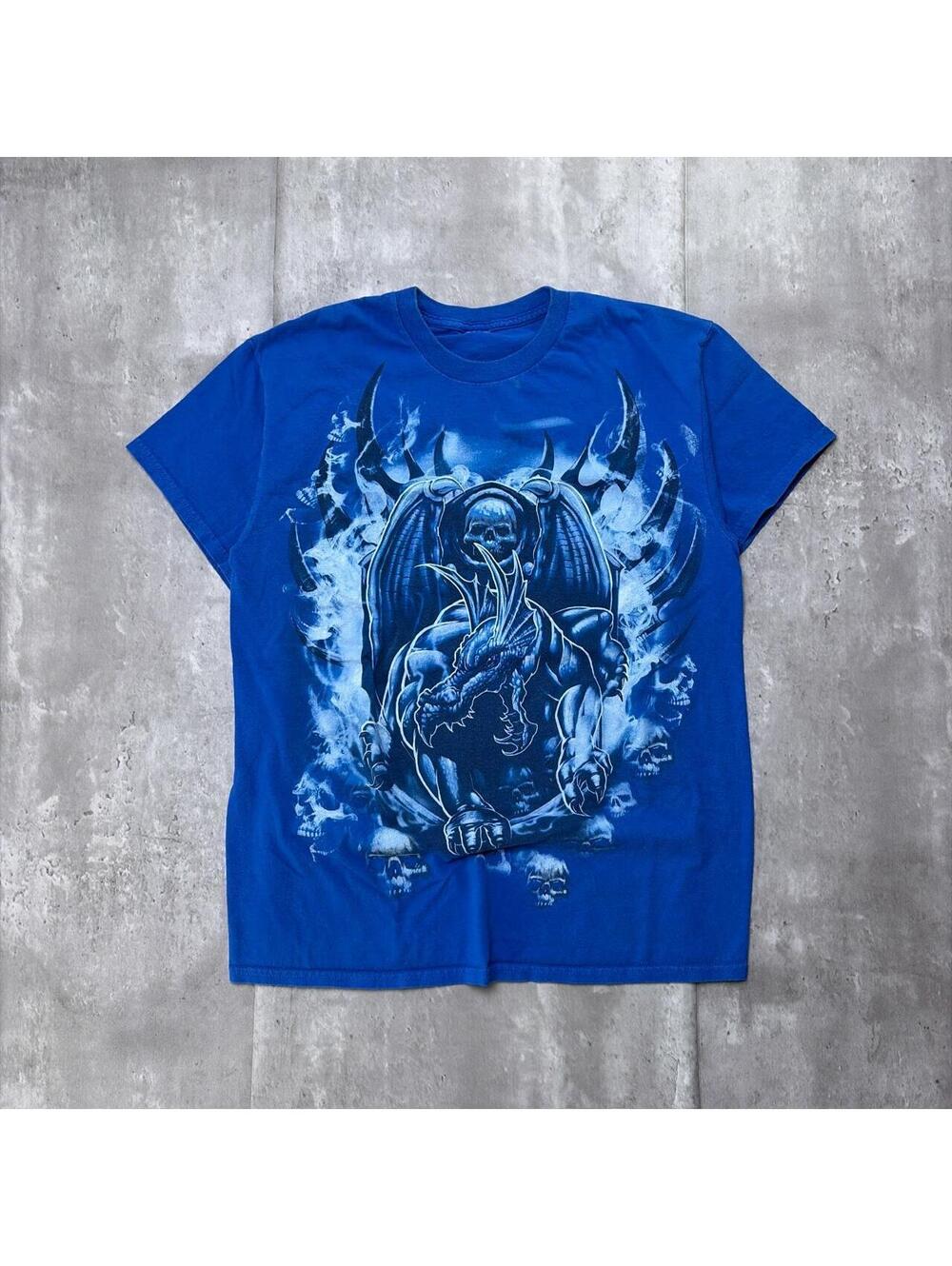 Y2K Blue Dragon Skull Flame Grunge Gothic T-Shirt
